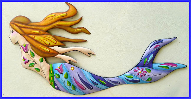 painted metal mermaid wall art - Haitian steel drum - Island decor